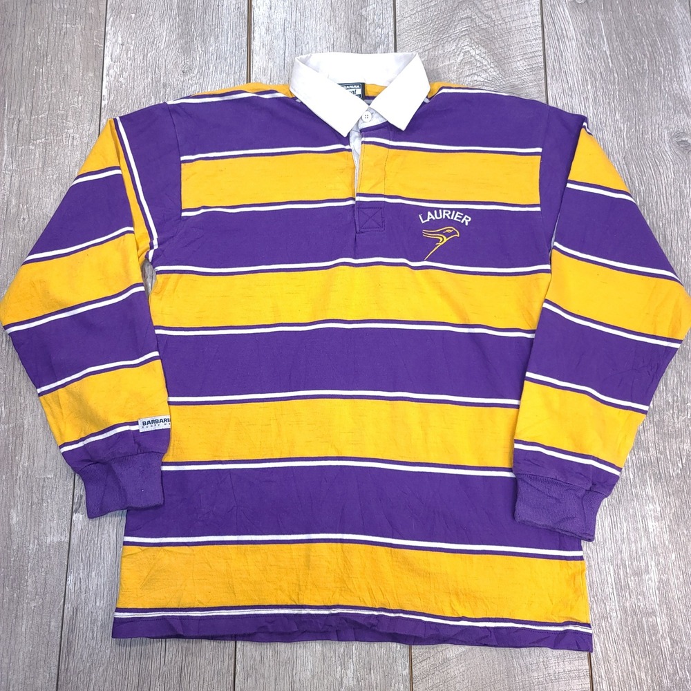 Barbarian Rugby Shirt Mens L Purple Yellow Laurier Golden Hawks Striped Canada